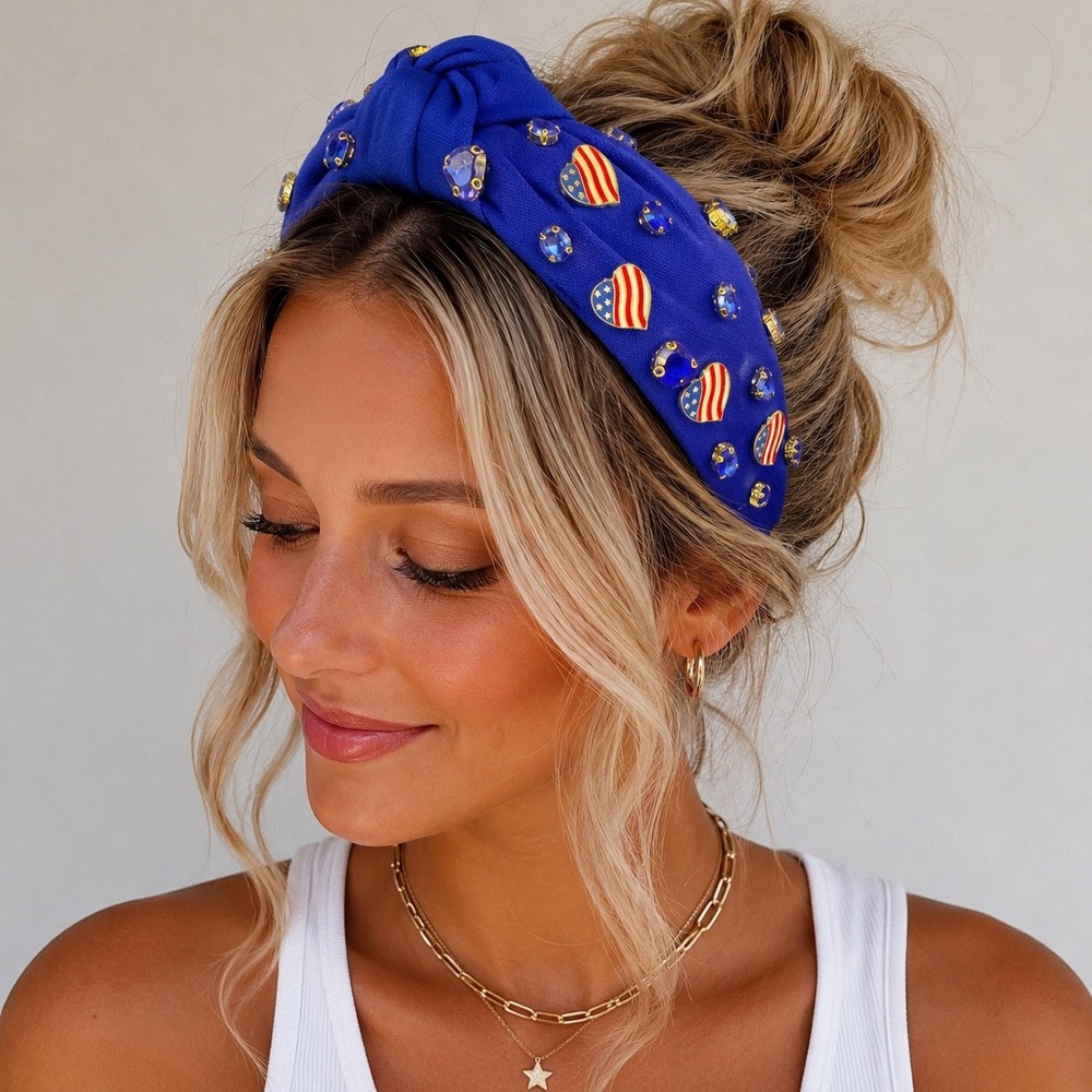 American Flag Heart Knotted Headband Blue Rhinestone Patriotic USA July 4th